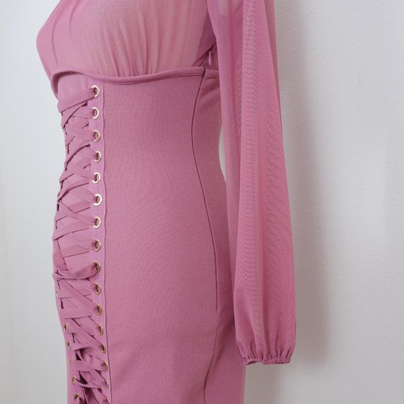 Iris Mauve Pink Sheer Mock Neck Long Sleeve Corset Lace Up SZ S Sexy Y2K Dress - Picture 7 of 14